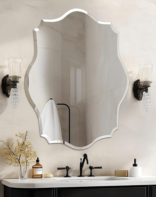Frameless Scalloped Wall Mirror: Decorative Scallop Oval Mirrored Glass Vanity with Beveled Silver Edge for Bathroom Bedroom Livingroom Dining Room Entryway Hallway, 32 x 24 inch