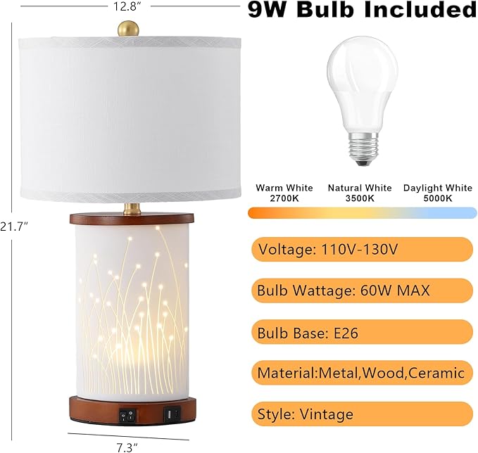 Set of 2 Ceramic Table Lamps with 3 Color Temperatures, Nightstand Table Lamps with AC Outlet, USB A & C Charging Port, Bedside Lamps for Living Room, Bedroom, Office Reading, Walnut