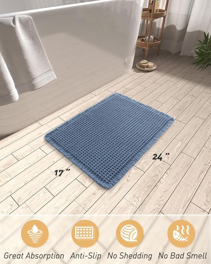 AMOAMI Upgraded Waffle Bath Mat, Super Absorbent Non Slip Bath Mats for Bathroom Floor, Machine Washable Bathroom Rugs with Tassels, Rubber Backed Bathroom Mats, Ultra Soft, 17" x 24", Blue