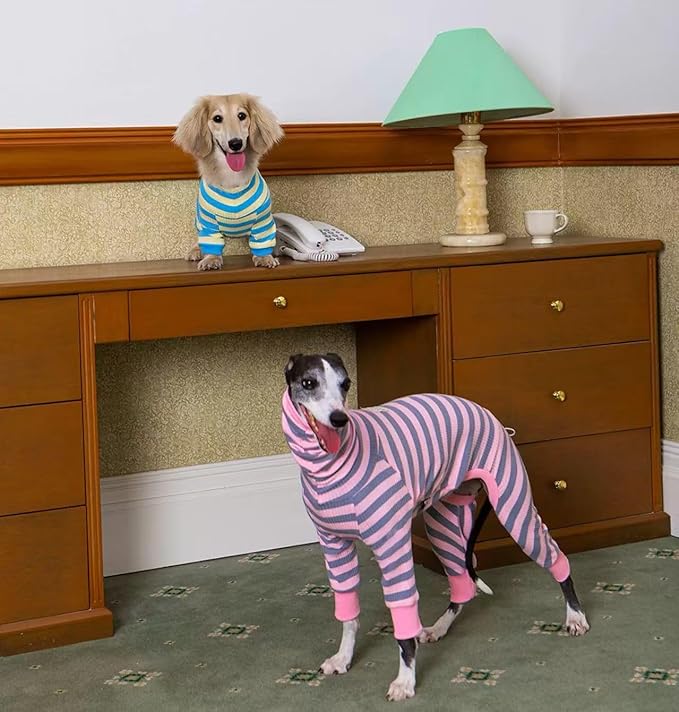 HowlyWoof Dachshund Dog Shirt, Thin Striped Base Layer Onesie for Wiener Dogs, Lightweight All-Season Wear, Soft & Comfy Fit for Doxie and Short-Leg Breeds (Pink&Grey, Size 2 (11-16 lbs))