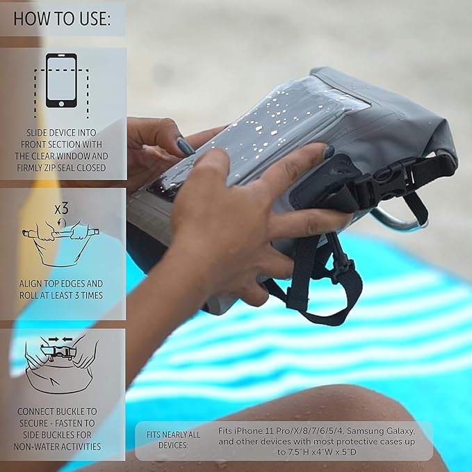 geckobrands Waterproof Phone Tote with 2L Dry Bag and Adjustable Strap – Protect Your Phone and Valuables While on The Go White