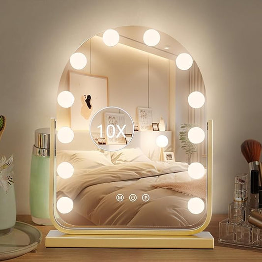 Vanity Mirror with Lights,17.3"×13" Lighted Makeup Mirror with 12 Dimmable LED Bulbs,10X Magnification Smart Touch Control Hollywood Mirror with Lights,3 Colors Dimmable,360° Rotation (Gold)