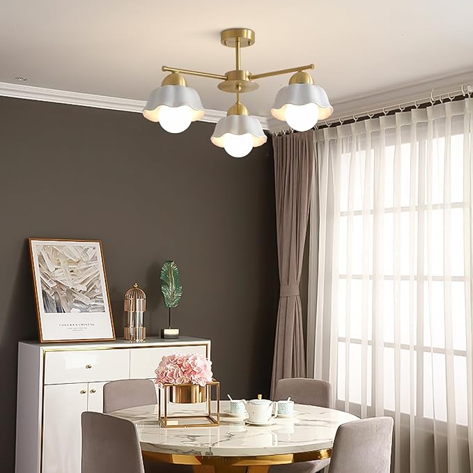 Mid Century Modern Brass Semi Flush Mount Ceiling Light 3 Lights Milk Opal Glass Ceiling Light Fixture Gold Sputnik Chandelier Light Fixture Vintage Hanging Ceiling Lights for Foyer MCL08-3 GD