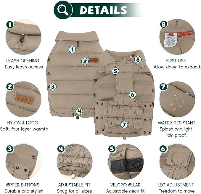 SPACE LION Dog Puffer Jacket, Down Winter Coat, Durable Outdoor Coat for Cold and Windy Conditions, Lightweight & Adjustable Fit Coats for Small & Medium Dogs, (Khaki, Size12/M)