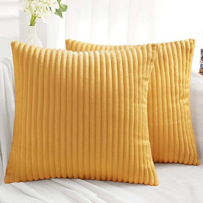 Simmore Decorative Spring Throw Pillow Covers 16x16 Set of 2, Soft Natural Plush Flannel Double-Sided Fluffy Couch Pillow Covers for Sofa Living Room, Mustard Yellow