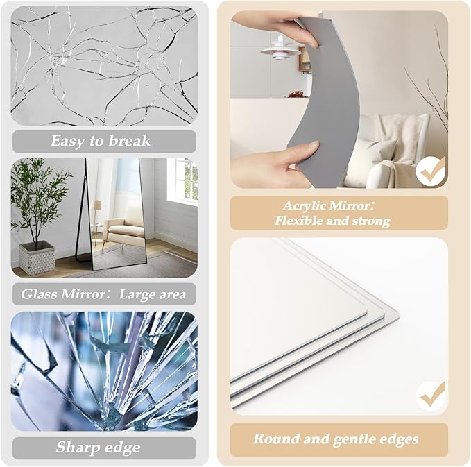 Abyssaly 4 Pack Wall Mirror Full Length, 11.8" x 11.8" Flexible Acrylic Mirror Tiles, Small Plastic Frameless Non-Glass Stick on Espejos Stickers for Bedroom Home Gym Door
