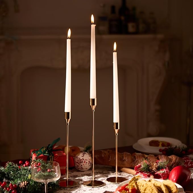Solid Taper Candle Holders Set of 15 Bulk, Champagne Gold Long Skinny Candlestick (Heights: 9/11/13 Inch), Heavy Iron Anti-Slip Base for Fireplace Mantle Table Centerpiece Christmas Decor