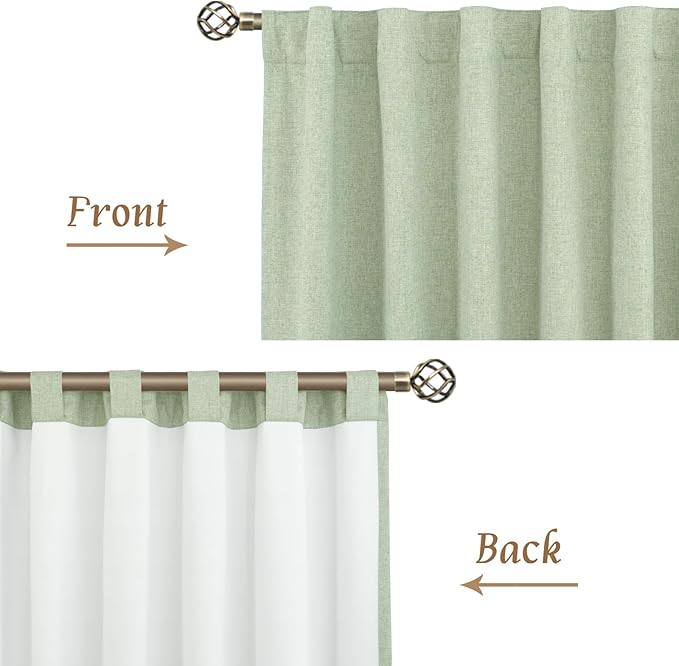 LAMIT 100% Blackout Linen Curtains 84 Inches Long, Living Room Farmhouse Drapes Full Room Darkening Back Tab and Rod Pocket Panels with White Liner, 2 Panels, Light Green, 60 x 84 Inch