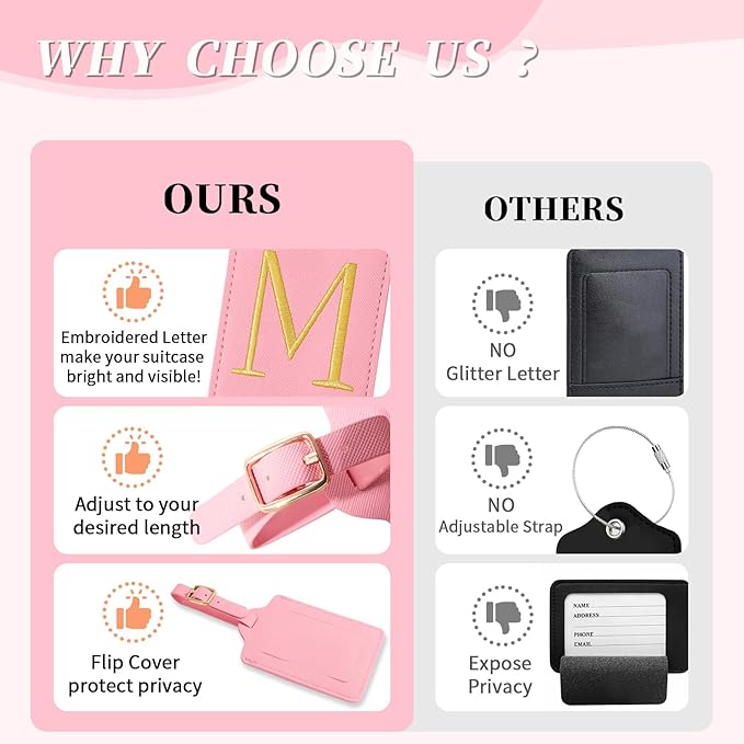 Personalized Initial Luggage Tags for Suitcase, Pink Leather Cute Luggage Tags with Privacy Cover Name Card, Embroidered Custom Monogrammed Luggage Tag Travel Bag Baggage Tags Gifts for Women Kids(M)
