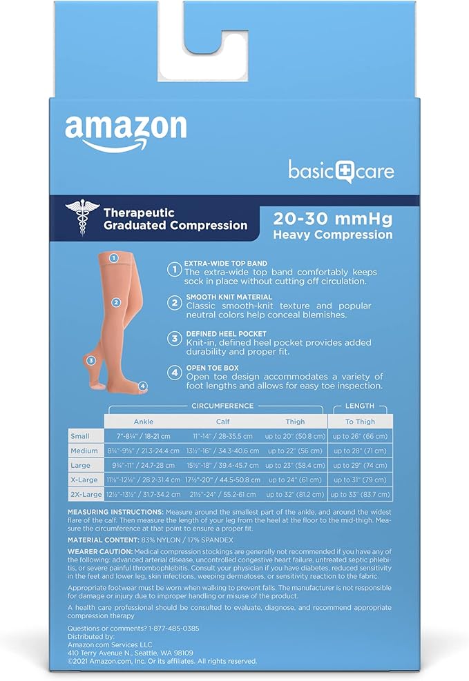 Amazon Basic Care Compression Stockings, 20-30 mmHg, Women & Men, Thigh Length | Open Toe | Beige | Large | Pack of 2