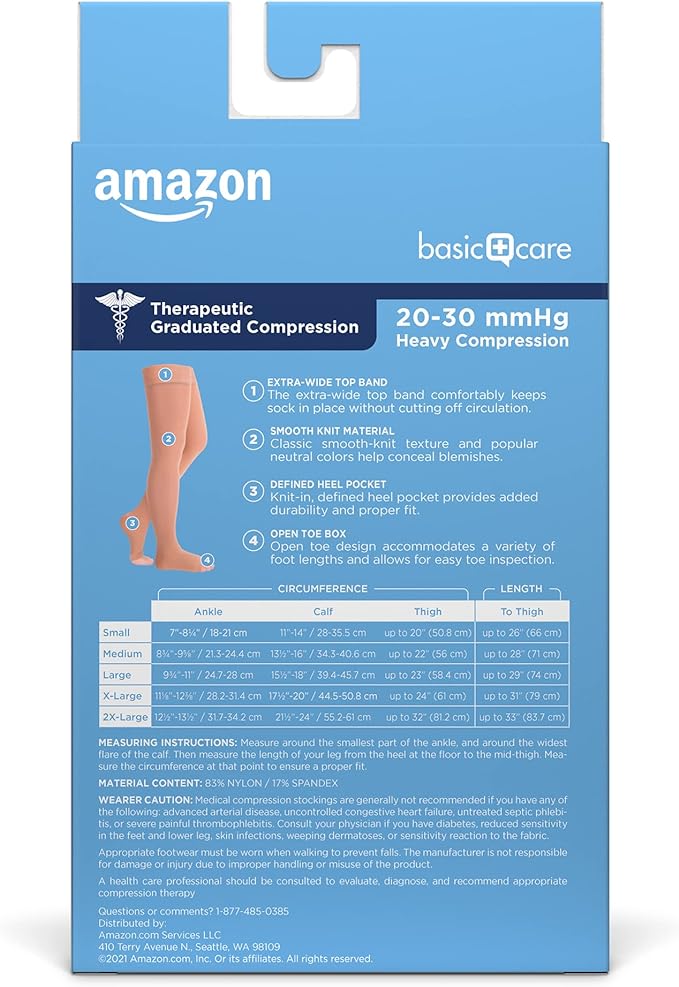 Amazon Basic Care Medical Compression Stockings, 20-30 mmHg Support, Women & Men Thigh Length Hose, Open Toe, Beige, Small (Previously NuVein)