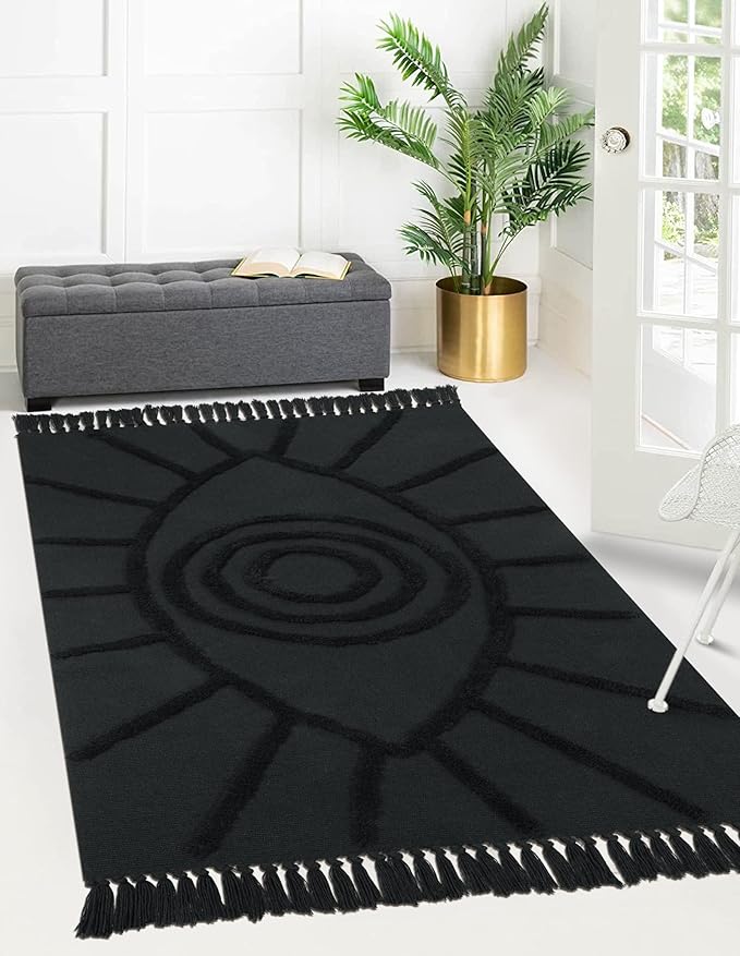 Uphome Boho Area Rug 4'x6' Washable Evil Eye Tufted Living Room Rug with Tassels Soft Cotton Woven Nursery Rug Farmhouse Aesthetic Dark Gray Indoor Carpet for Home Kitchen Dining Room Bedroom