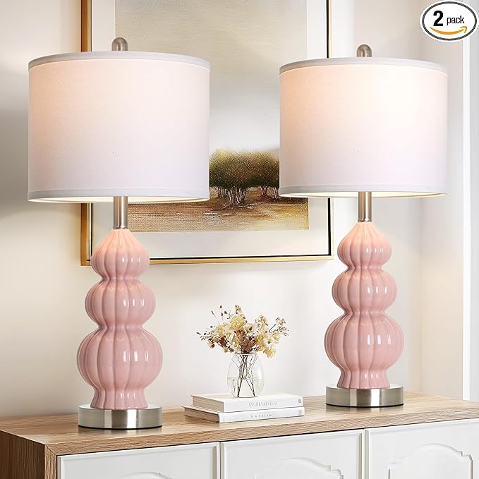 26.5" Pink Ceramic Table Lamps Set of 2, Modern Bedside Lamps for Girls Room, Triple Gourd Table Lamp for Living Room End Table or Bedroom Nightstand (2 LED Bulbs Included)