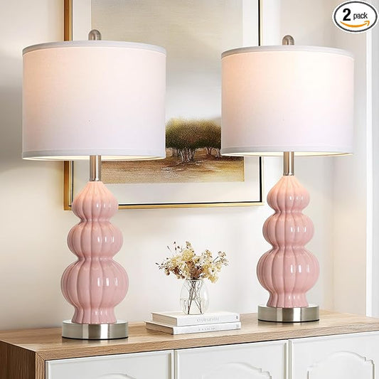 26.5" Pink Ceramic Table Lamps Set of 2, Modern Bedside Lamps for Girls Room, Triple Gourd Table Lamp for Living Room End Table or Bedroom Nightstand (2 LED Bulbs Included)