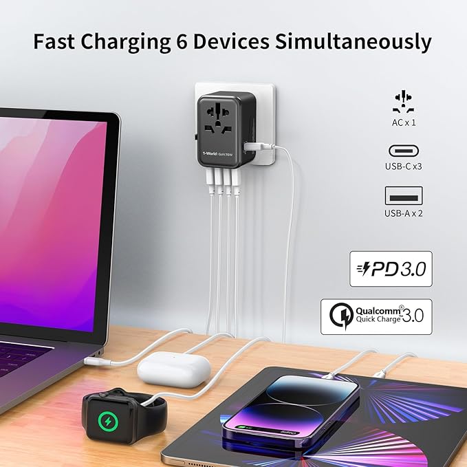 MOMAX 6-in-1 Universal Travel Adapter, GaN 70W International Power Adapter, 3 USB-C PD Fast Charging & 2 USB-A QC, 1 AC, All-in-one International Plug Adapter for Travel European UK AUS JP