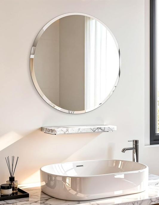 Frameless Round Wall Mirror: Decorative Mirrored Glass Vanity with Beveled Silver Edge for Bathroom Bedroom Livingroom Dining Room Entryway Hallway, 20 x 20 inch