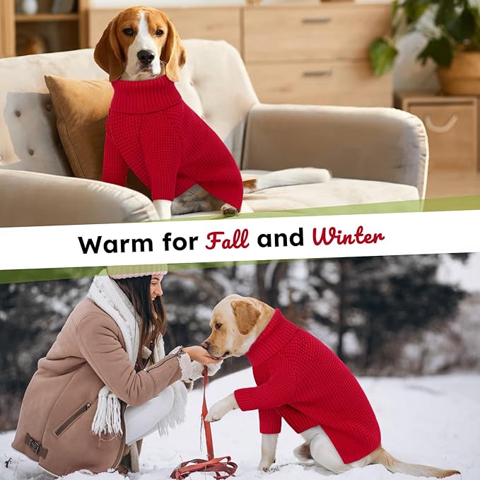 Queenmore XXL Dog Sweater, Long Sleeve Dog Sweaters, Turtleneck Dogs Sweaters for Large Breeds, Cold Weather Doggie Sweatshirt, Extra Large Pet Sweaters, Red 2XL