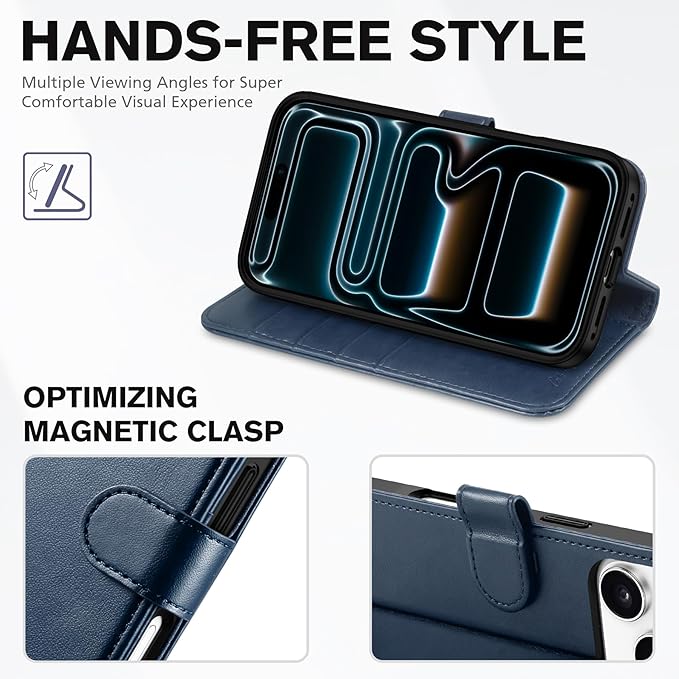 TUCCH Case Wallet for iPhone 17 Pro (6.3") 2025, Stand, RFID Blocking, 4 Card Holder, TPU Shockproof Inner Shell, PU Leather, Magnetic Closure Folio Protective Cover, Dark Blue