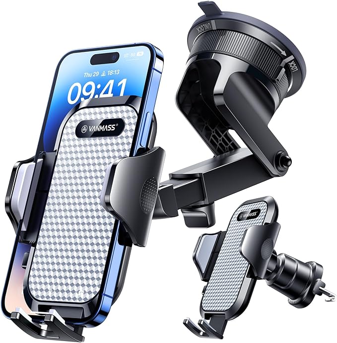 VANMASS [True Military-Grade] Car Phone Holder [Best Suction & Clip] Cell Phone Mount for Dashboard Windshield Vent Truck Cradle Dash Stand for iPhone 15 Pro Max 14 13 12 Android, White