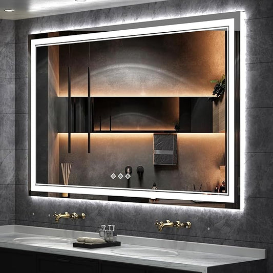 Lighted Vanity Mirror, 60x36 Inch Gradient Front and Backlit LED Mirror for Bathroom, 3 Colors Dimmable CRI>90 Double Lights, Enhanced Anti-Fog, Hanging Plates Wall Mount LED Light Mirror