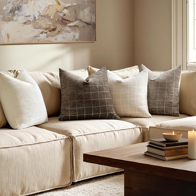 MIULEE Decorative Chenille Check Throw Pillow Covers Vintage Plaid Couch Pillows 20x20 Inch Set of 2 Neutral Boho Farmhouse Cushion Covers Modern Spring Home Decor for Sofa Bed Living Room Beige