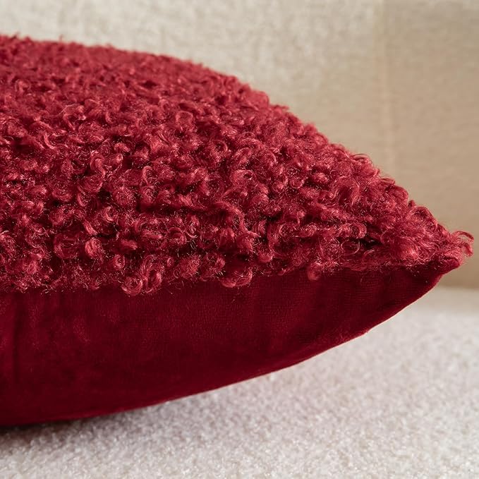 Yaertun Pack of 2 Faux Fur Throw Pillow Covers Decorative Sherpa Boucle Pillow Covers Fuzzy Soft Pillowcases Sheepskin Fleece Cushion Case for Couch Sofa Bed Living Room 18x18 Inch Burgundy