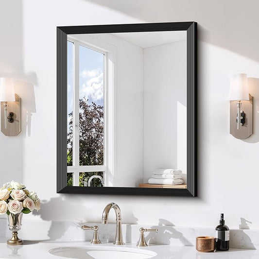 Black Bathroom Mirror 24 x 30 Inch Rectangle Wave Beveled Frame for Wall Bathroom Vanity Mirror for Over Sink, Tempered Glass,for Entryway Hangs, Bathroom Living Room Horizontal or Vertical