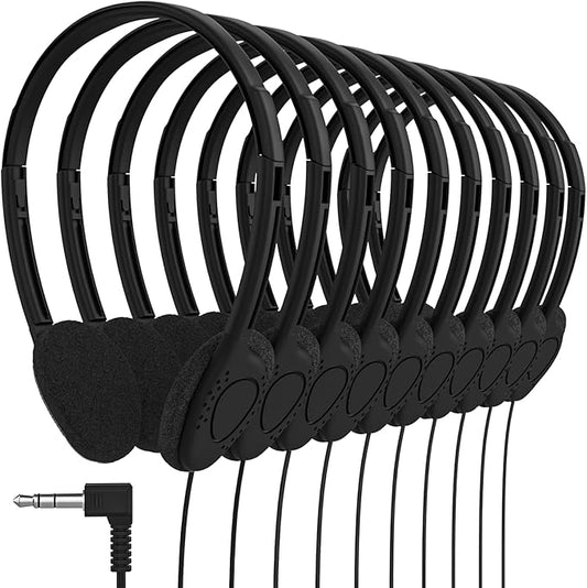 Maeline Bulk Classroom Student Headphones On Ear Stereo Headphones Flexible Adjustable Band for Kids Online Learning, Library, School, Airplane, Travel - 3.5mm Plug - 10 Pack - Black