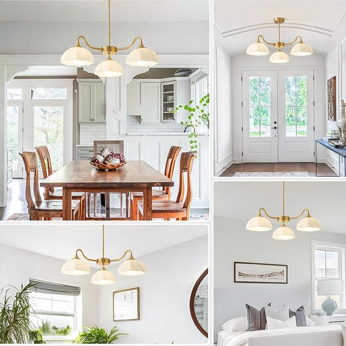 Mid Century Modern 3 Light Sputnik Chandeliers Retro Gold Milk Glass Chandelier Pendant Light Fixture Nordic White Ceramic Kitchen Island Hanging Lights Dining Room Ceiling Lamp MPL13-3 GD