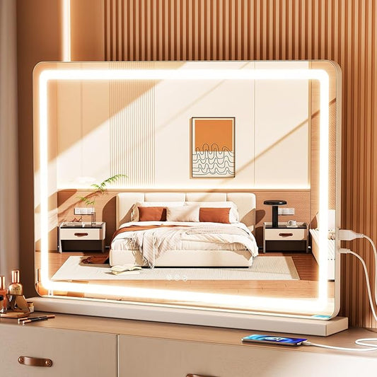 DUMOS 22"x32" LED Vanity Mirror with Lights, Dimmable 3 Color Modes Makeup Mirror with Memory Function, USB Charging, Aluminum Frame, Lighted Mirror for Desk or Bedroom