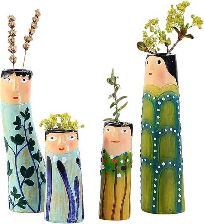 Spring Bud Vases, Bohemian Family Face Vase Boho Cute Home Decor, Character Vase Flower Plant Holder Bathroom Shelf Decor for House Decor Living Room Wedding Centerpieces (E)