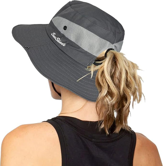 Women's Outdoor UV-Protection-Foldable Sun-Hats Mesh Wide-Brim Beach Fishing Hat with Ponytail-Hole