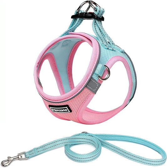 Mercano Soft Mesh Dog Harness and Leash Set, No-Chock Step-in Reflective Breathable Lightweight Easy Walk Vest Harnesses with Safety Buckle for Small Dogs, Cats (XS, Pink Blue)