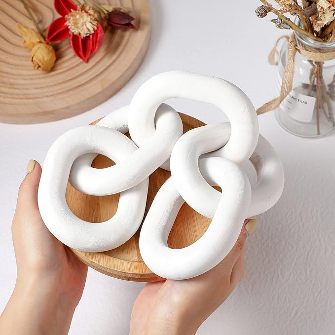 Queekay Decorative Wood Chain Link Decor Rustic Wooden 5 Link Wooden Chain Decor Ornament Farmhouse Home Decoration Hand Carved Wood Crafts Ornaments for Coffee Table(White)