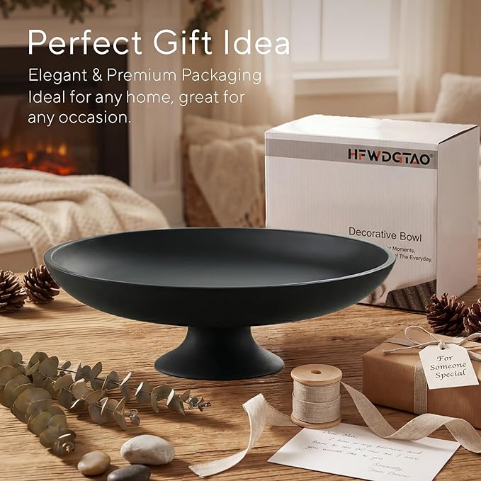 Large Black Decorative Bowl, Modern Pedestal Bowl for Home Decor, Decorative Fruit Bowl for Kitchen Counter, Stylish Key Bowls for Entry Table, 11.45”, Includes 10PCS Artificial Moss Rocks