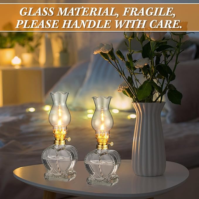 Yexiya 6 Set Vintage Glass Kerosene Lamp Rustic Oil Lamp Lantern Chamber Oil Clear Kerosene Hurricane with 6.6 ft Extra Wick for Indoor Use Lighting Decor Emergency (Heart Style)