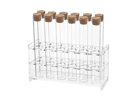 12pcs 30ml Glass Test Tube with Cork Stopper, 20x150mm Storage Tube with Cap, 12 Holes Acrylic Rack, Plant Propagation Vase, Tube Set for Scientific Experiments Lab Candy Liquid Party Decor