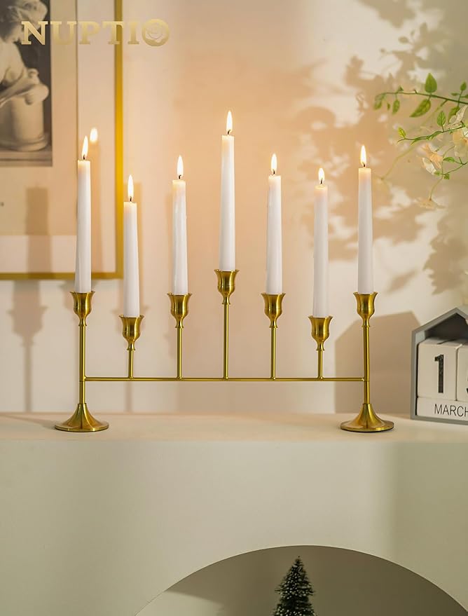 NUPTIO Gold Candle Holders for Centerpiece: Brass Taper Candelabra for Candles Sticks - Long Taper Candleholder Set of 2 for Christmas Birthday Party Fireplace Table Decor
