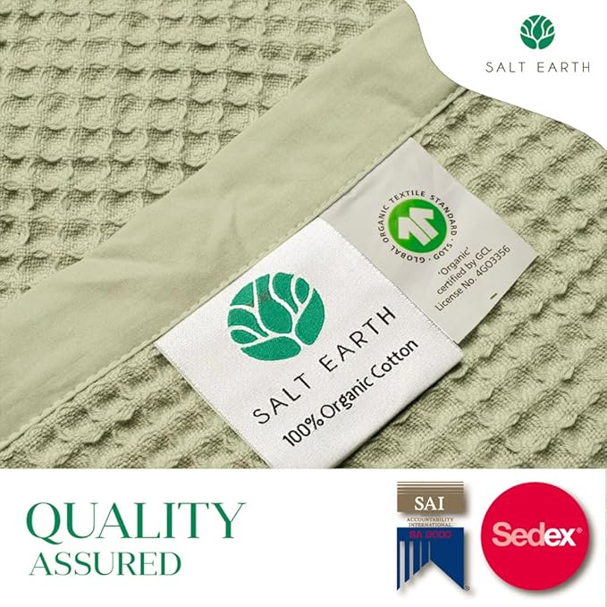 Salt Earth GOTS Certified 100% Organic Cotton Throw Blanket, 108"x90" Waffle Blankets & Throws for Bed, Throw Blanket for Couch, Cozy Christmas Blankets and Throws for Christmas Gifts (Sea Foam)
