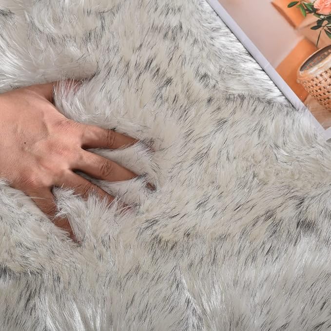 White and Grey Rug 8x10 Area Rugs for Living Room Machine Washable Shag Faux Sheepskin Furry Fur Rug Large Nursery Rectangle