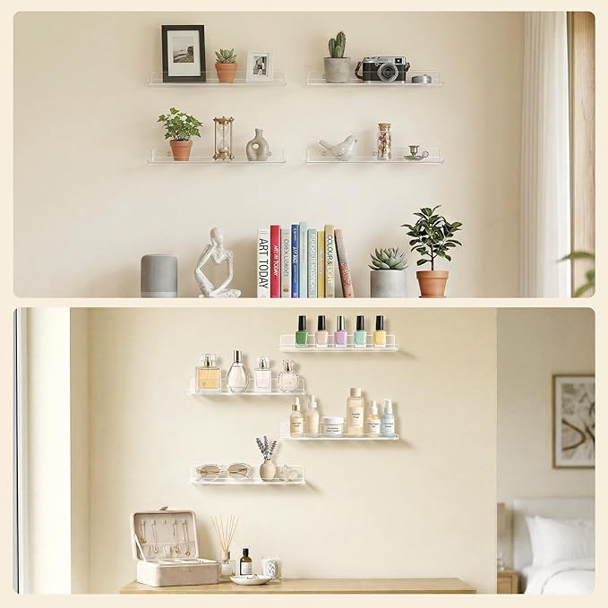 Lifewit Floating Shelves for Bathroom, 15" Acrylic Wall Organizer for Perfume, Makeup, Figures, Nail Polish, Photo, Book, Decor Display Rack for Nursery, Living Room, Bedroom, Kitchen, Clear, 10 Pack