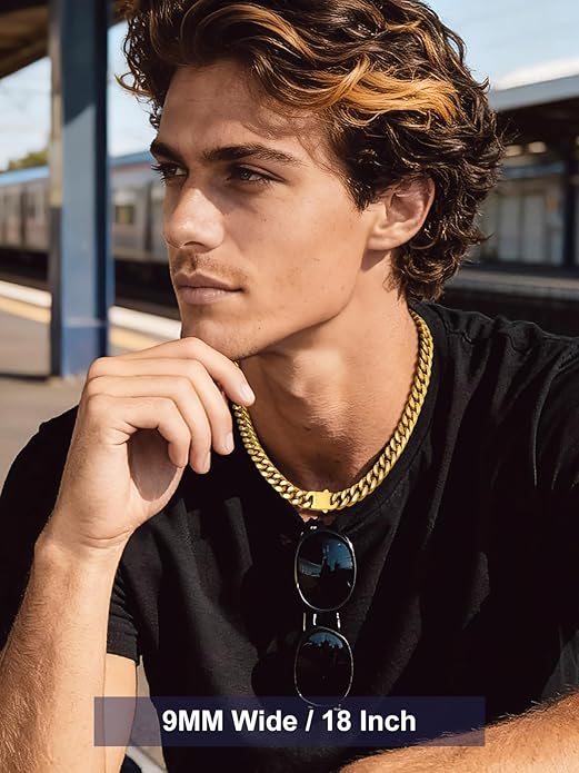 Bandmax Mens Stainless Steel Chain Necklaces 5/7/9/12MM Chunky Miami Cuban Link Chain Necklace Bracelet Silver/Gold Plated/Black Chains for Men 18"-30"