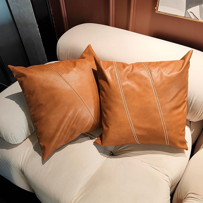 Faux Leather Throw Pillow Covers 18X18 Inch Brown Outdoor Modern Farmhouse Solid Decorative Pillow Covers for Room Couch Living Bedroom Bed Sofa Single Sutures