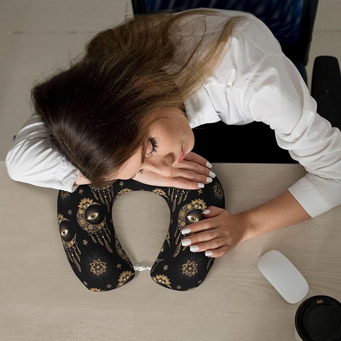 Neck Travel Pillow, Women Men Washable Airplane Car Pillows Mandala Boho Eyes Crescent Moon Sun Dream Catcher, Head Support Rest U Shaped Cushion Comfortable for Watching TV