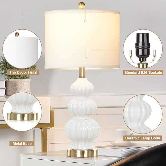 Triple Gourd Ceramic Table Lamps Set of 2, Modern White Bedside Lamps with Rotary Switch， Contemporary Nightstand Lamps for Bedroom Living Room
