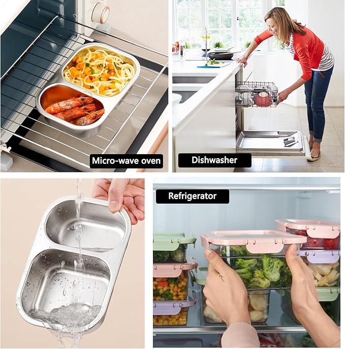 Ahongwenxi Large Stainless Steel Snack Box Containers, Reusable 2 Compartment Condiment Box with Lids, Food Container Sauce Cups, Divided Food Storage Containers for Home and Travel (Clear Lid)