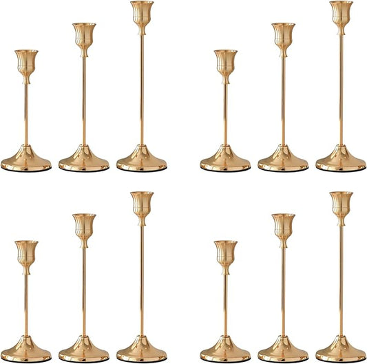 Taper Candle Holders, Tall Vintage Metal Candlestick Holders, 12 PCS Brass Gold Candle Sticks Holders for Home Decor Table Centerpiece Wedding Housewarming Festival, Rose Gold, 4 Sets (12 pcs)