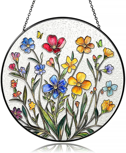 Colorful Flowers Stained Glass Suncatcher for Windows - Vibrant Sun Catchers Indoor Hanging Decor, Floral Gift for Women, Plant Lovers, Housewarming, Birthday, Mother's Day or New Home Celebration