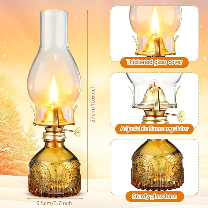 3 Pcs Yellow Chamber Oil Lamps for Indoor Use 10.6'' Vintage Kerosene Lamp Hurricane Oil Lantern Adjustable Fire Wick Decorative Lantern for Valentines Wedding Table Decor Emergency Lighting