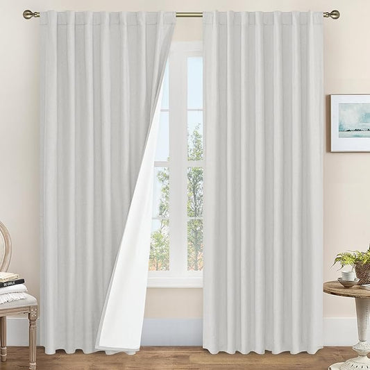 LAMIT 100% Blackout Linen Curtains 84 Inches Long, Linen Textured Living Room Farmhouse Curtains Full Room Darkening Back Tab and Rod Pocket Panels with White Liner, 2 Panels, Light Grey, 60 x 84 Inch
